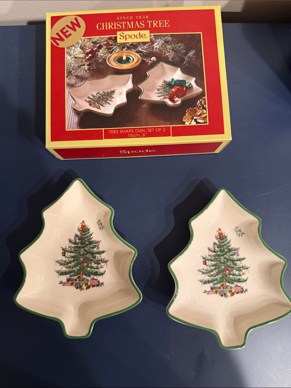 Spode Christmas Tree Set of 2 Tree Shaped Dishes - 6" in Original Box